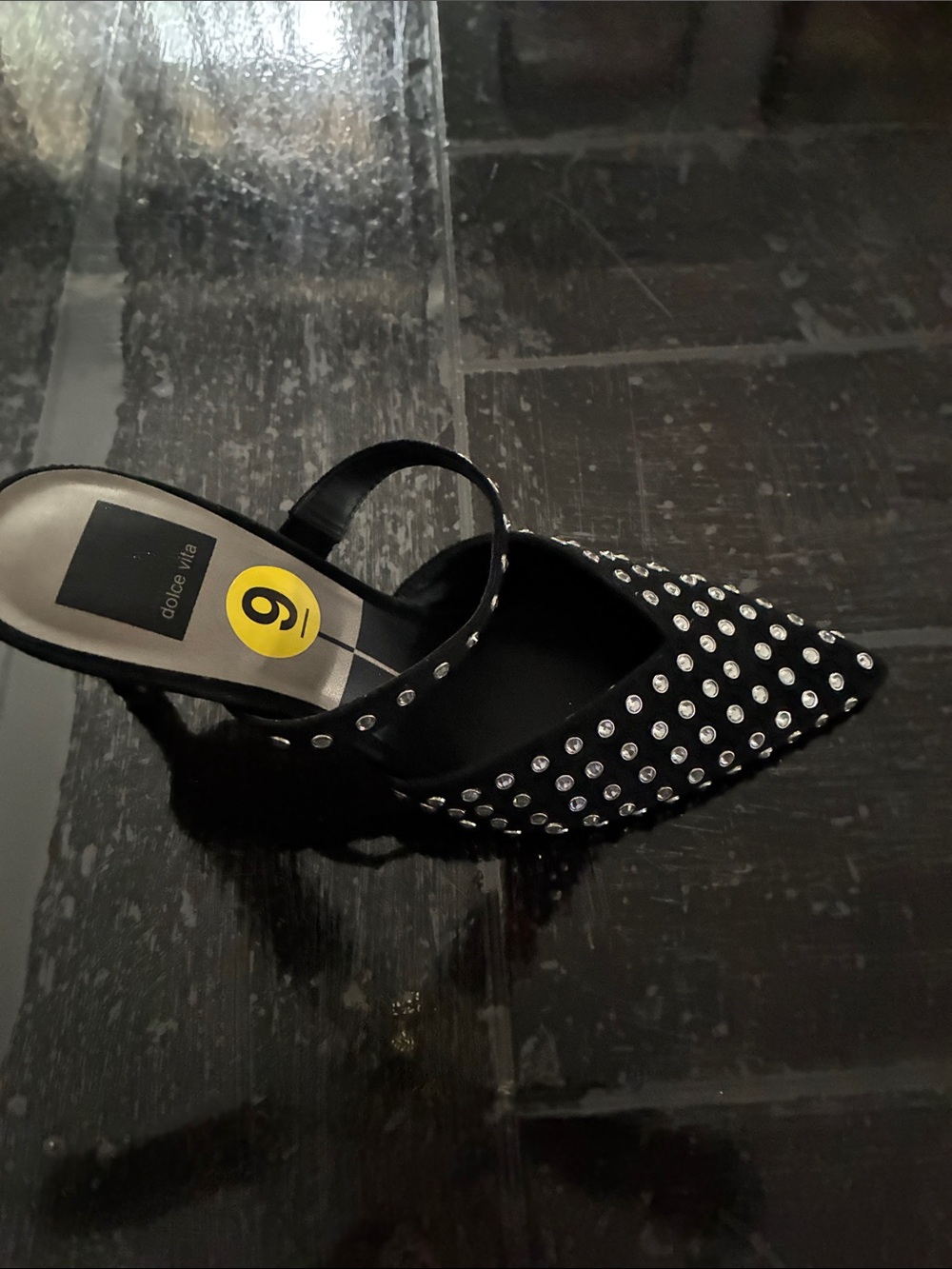 Dolce Vita Black Crystal-Stud Pointed Toe Slingback Mules